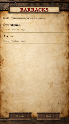 The barracks screen on parchment, listing swordsmen and archers with their costs and training times.