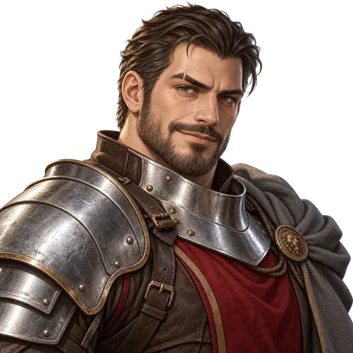 Painted portrait of an armoured captain in a red tabard.