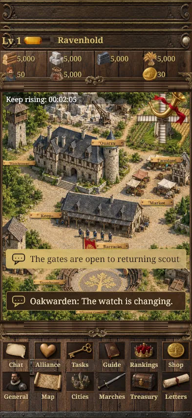 The city screen: a walled village with the keep, quarry, market, barracks and farmland.