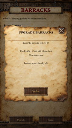 An upgrade dialog on torn parchment asking to raise the barracks to level 8, with its cost and time.