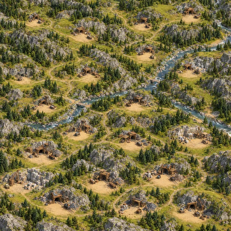 A painted valley of mine workings among rocks, pines and a winding river.