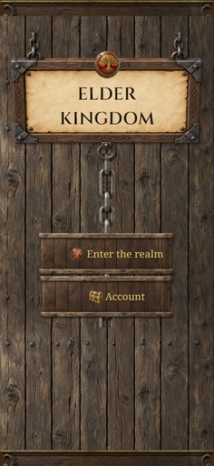 The welcome screen: an Elder Kingdom sign hanging on a plank wall, with Enter the realm and Account buttons.